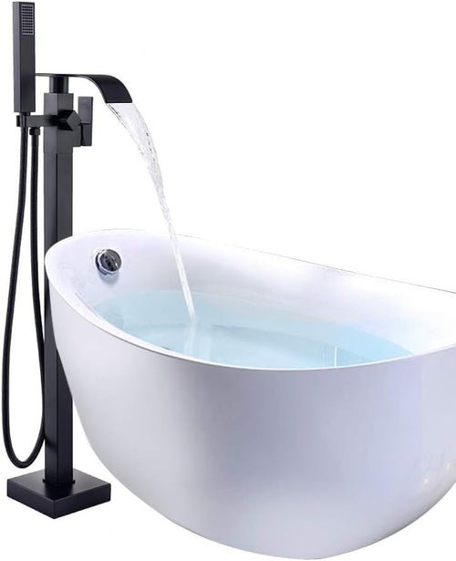 Black Freestanding Bath Mixer Tap with Handheld Shower Head Brass Floor Mount
