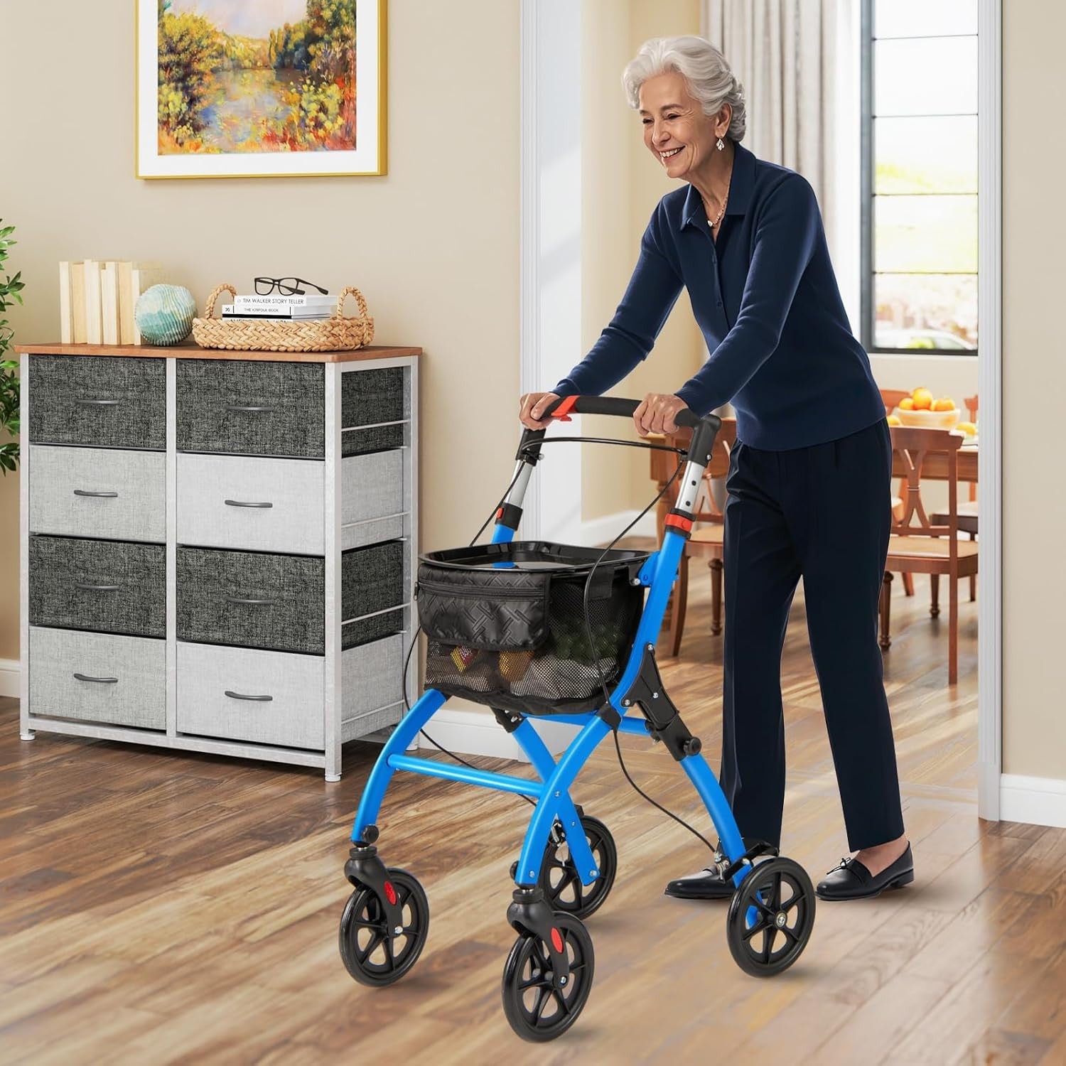 Lightweight Folding Rollator Walker 4 Wheel Basket Brakes Narrow Blue