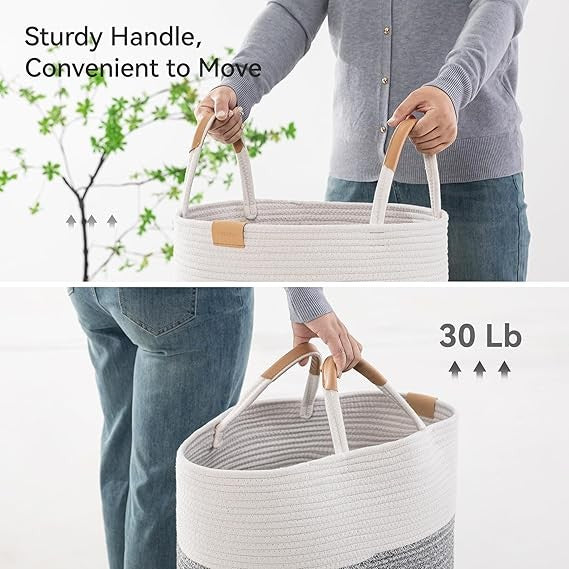 95L Foldable Laundry Basket with Leather Handles, Large Woven Hamper Grey Stripe