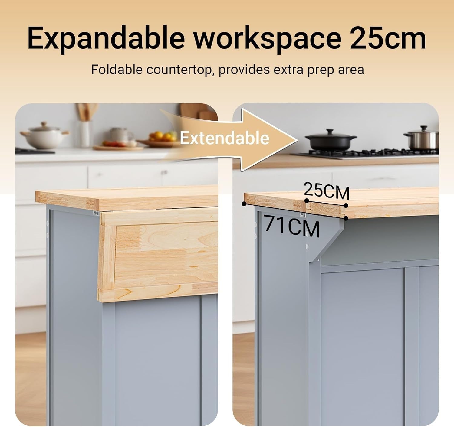 Grey Rolling Kitchen Island Extendable Worktop 115cm Cart