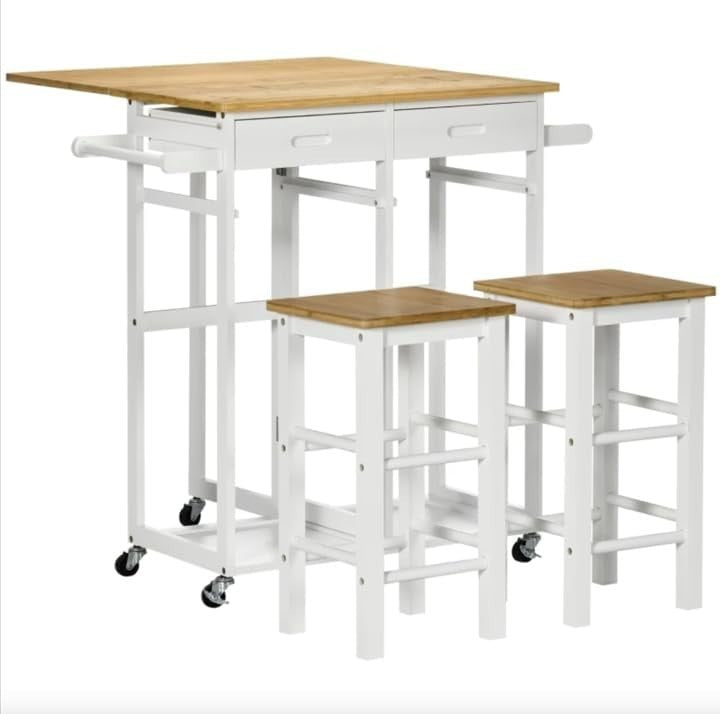 Folding Bamboo Dining Table Set with Stools White Compact Drop Leaf Cart
