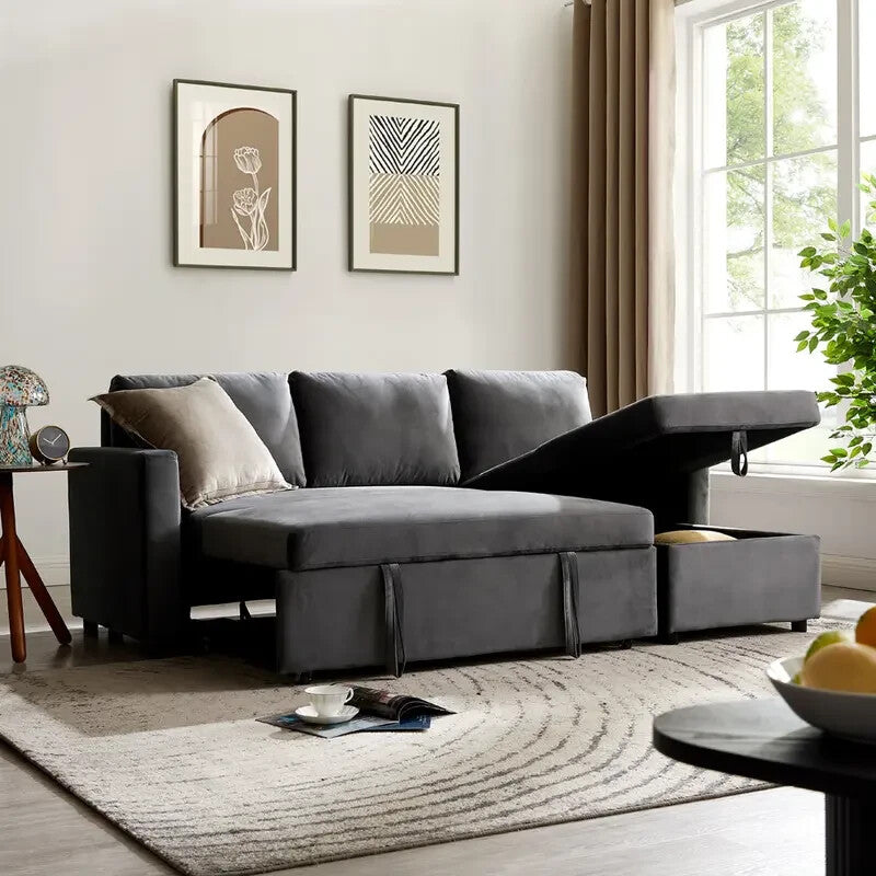 Grey Velvet 3 Seater Sofa Bed Reversible Chaise Pull Out Couch w/ Storage