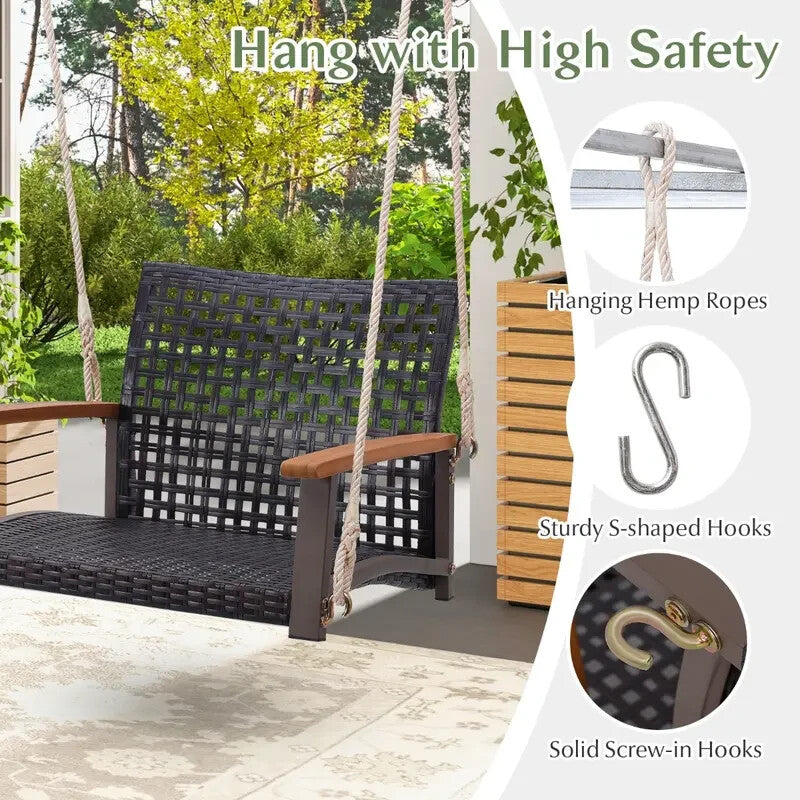Rattan Porch Swing 2-Seater Acacia Armrests Outdoor Hanging Chair 180 kg