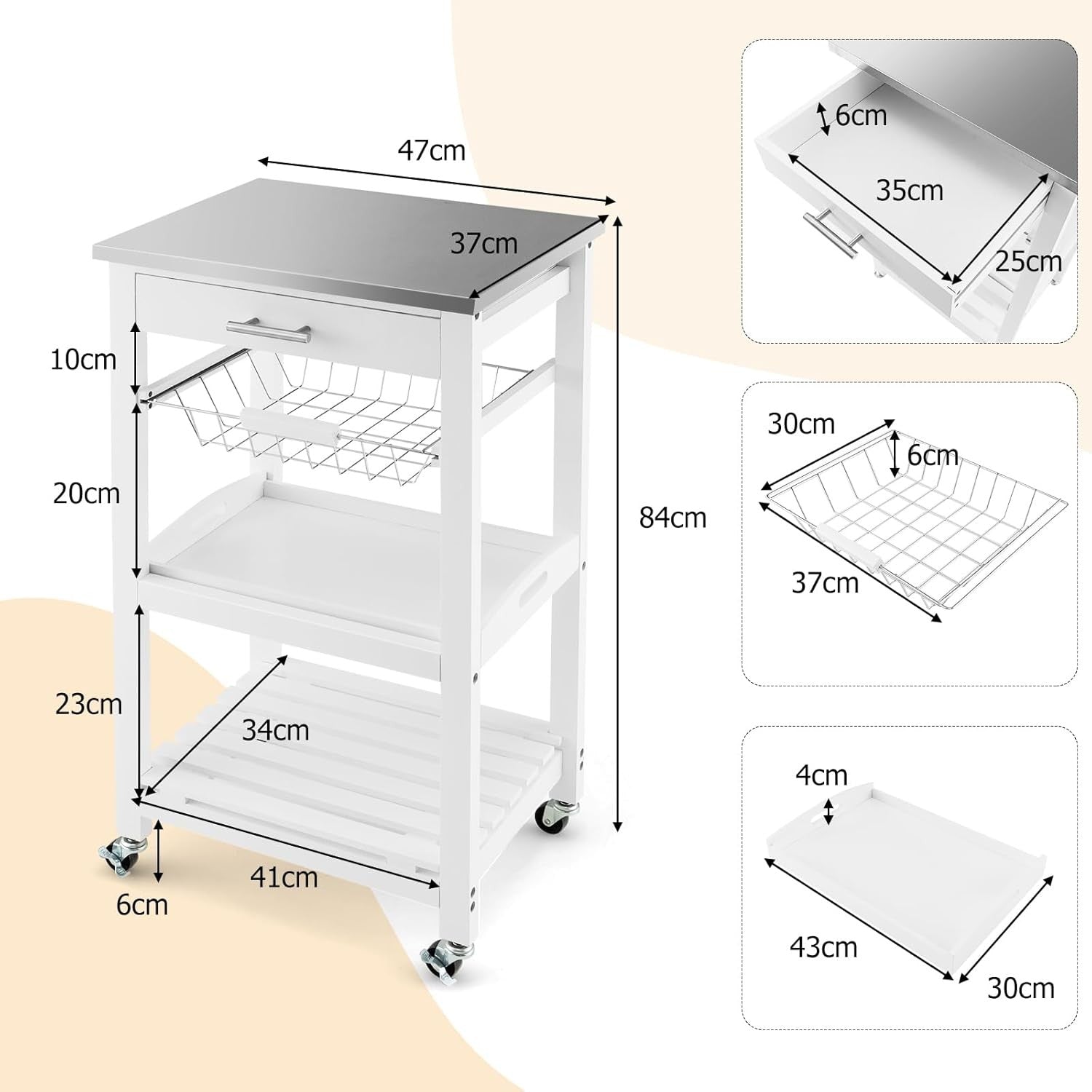 4 Tier Rolling Kitchen Trolley Storage Cart Drawer Basket Lockable Wheels