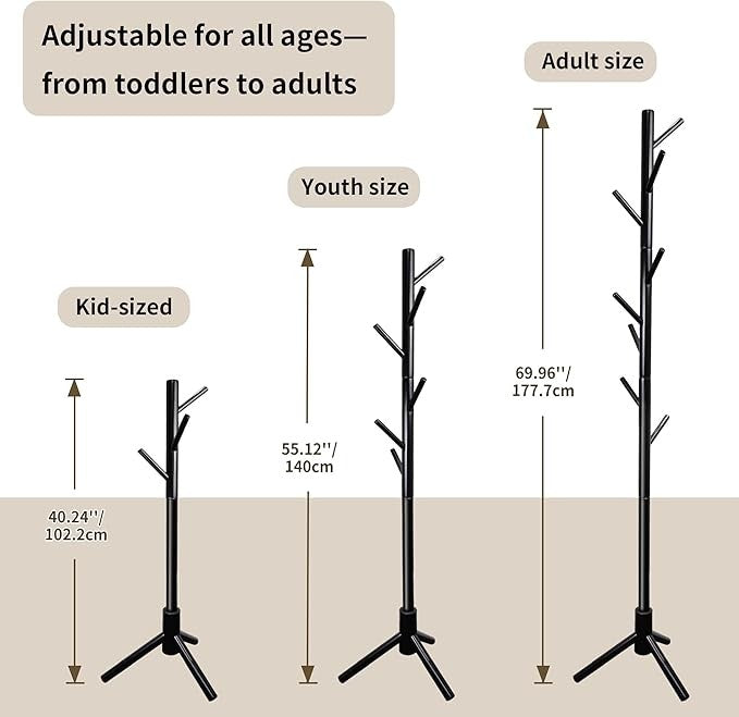 Black Bamboo Coat Rack Freestanding with 8 Hooks | Modern Hall Tree Stand