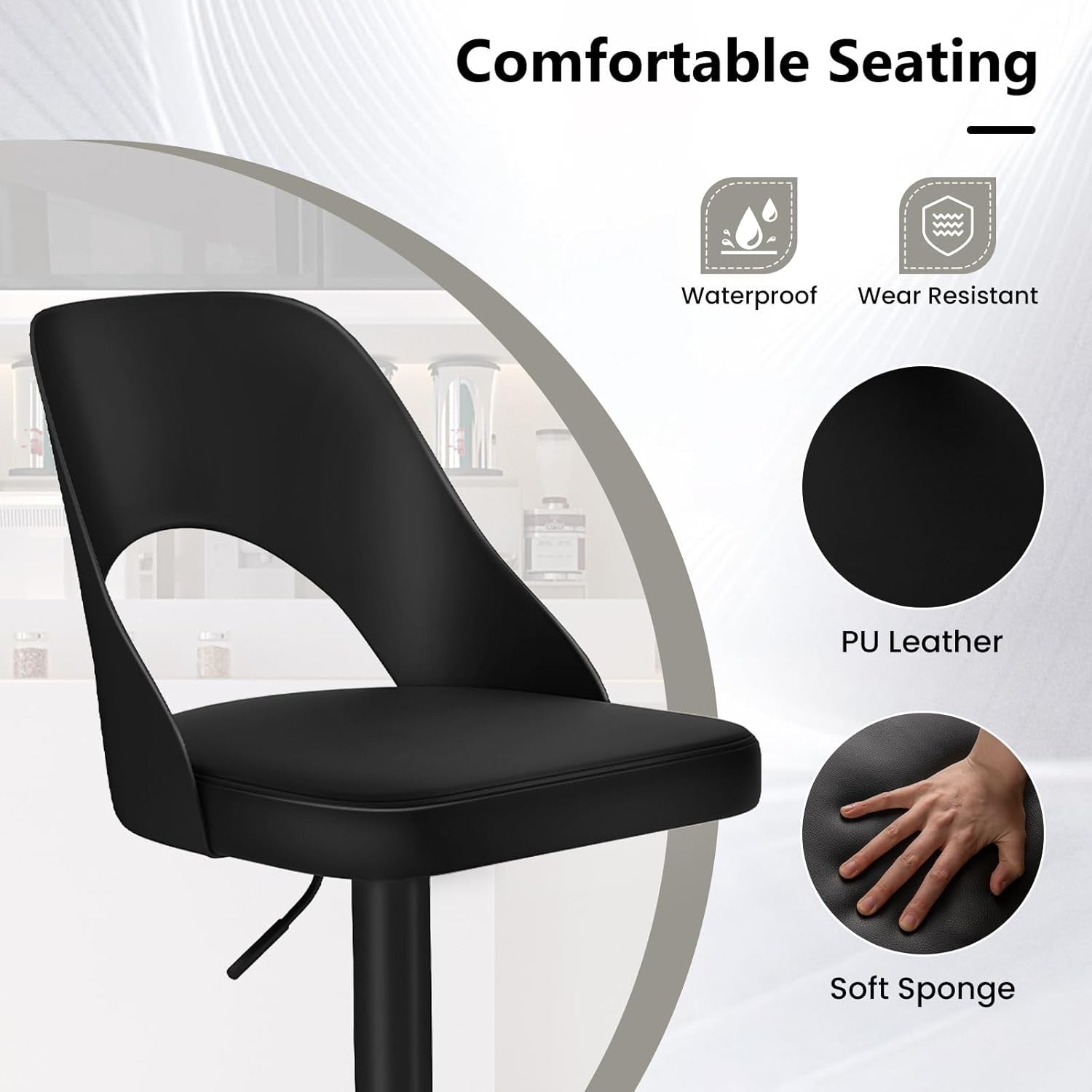 Set of 2 Adjustable Black PU Leather Swivel Bar Stools for Kitchen Counter