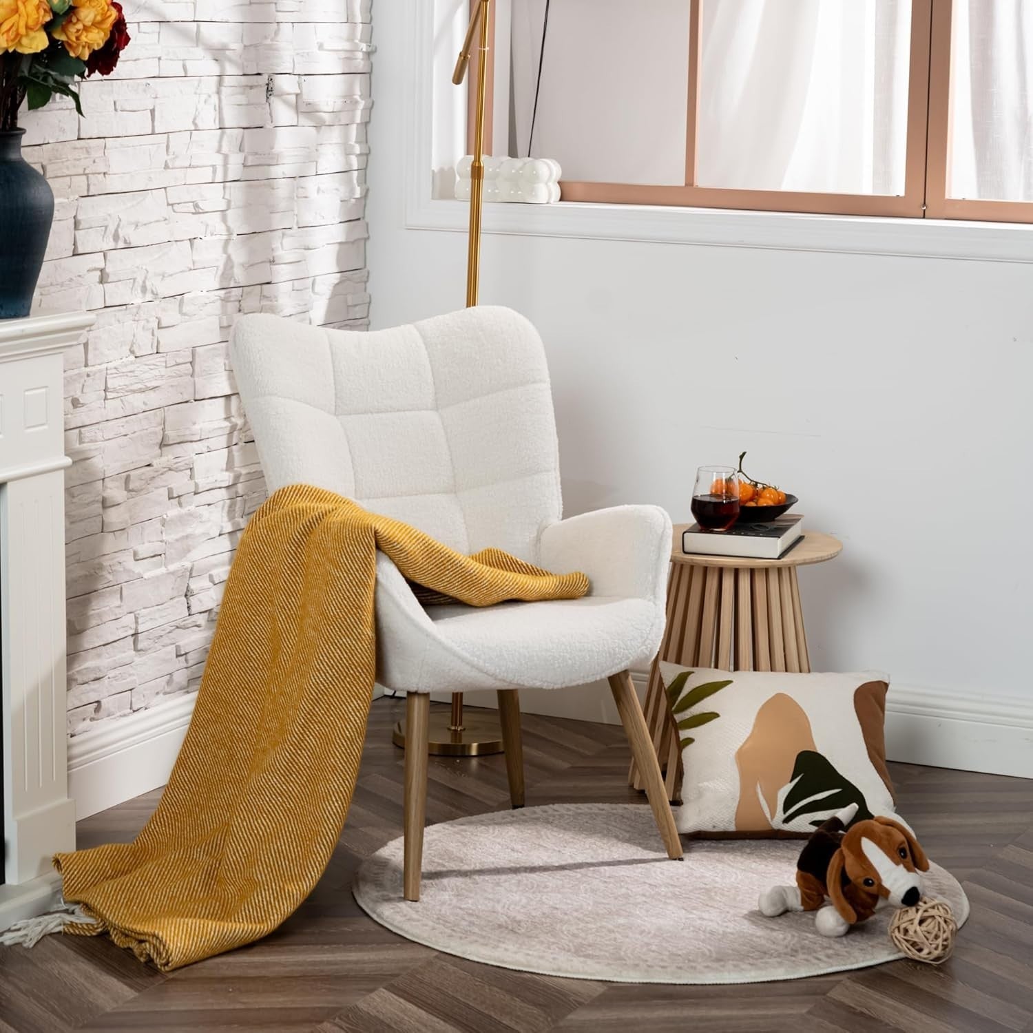 Beige Wingback Armchair Sherpa Fleece Lounge Chair, Padded & Wooden Legs