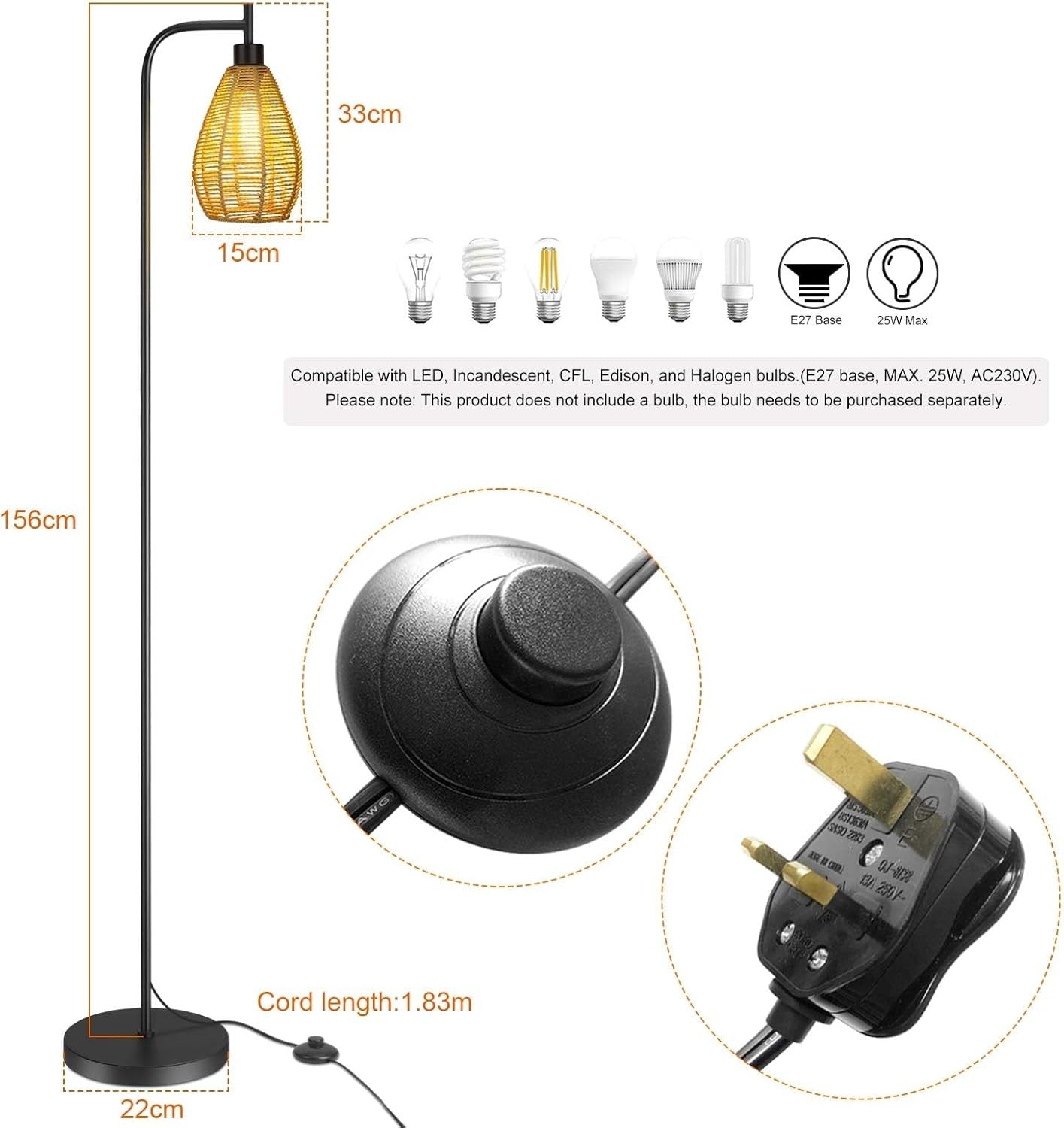 Farmhouse Floor Lamp Tall Standing Light Woven Rope Cage Pedal Switch