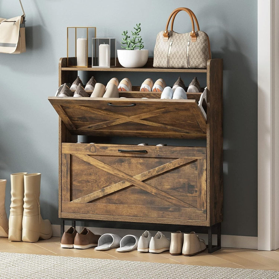 Slim Wooden Shoe Cabinet 2 Drawer Fold Storage Rack – Vintage Style Hallway
