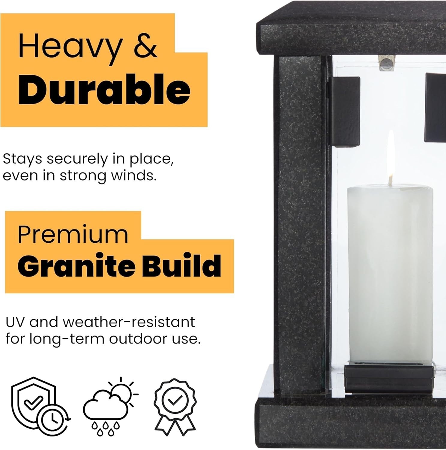 Large Black Granite Candle Lantern 32cm Square Polished Decor