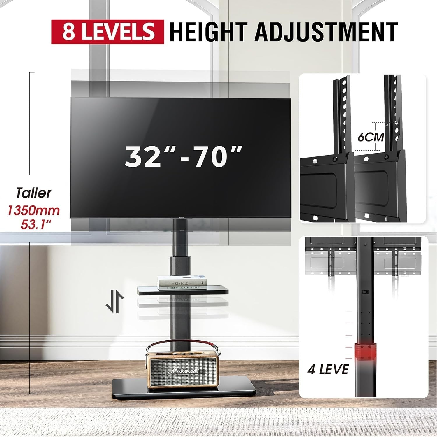 TV Floor Stand 32–70” with Shelf, Tilt & Swivel, Height Adjustable, VESA