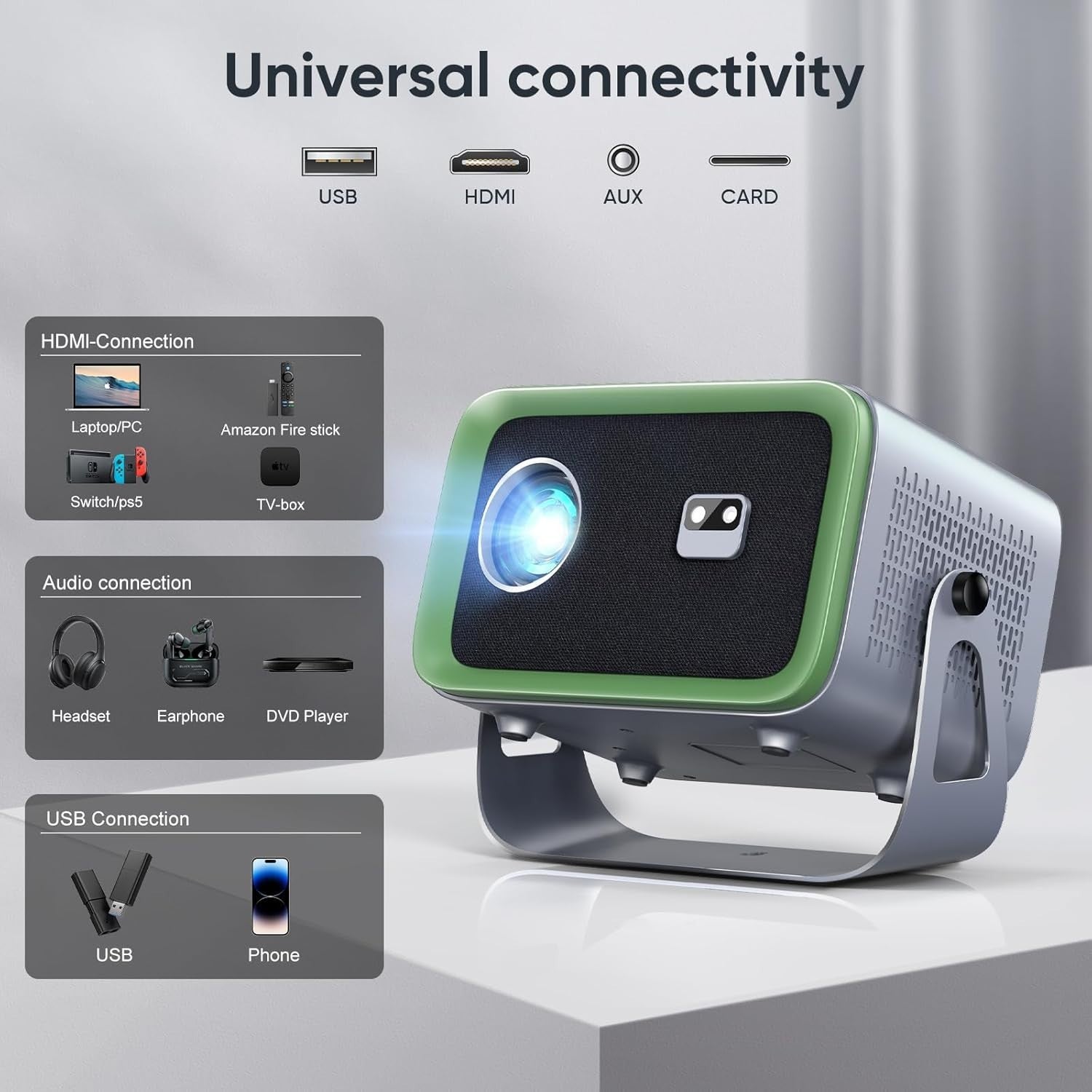 4K Smart Projector 1080P Auto Focus WiFi 6 Bluetooth 360° Portable