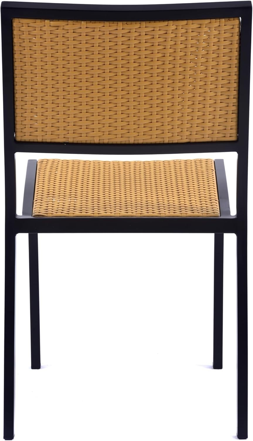 Teak Rattan Dining Side Chair Stackable Garden Patio Seating Metal Frame