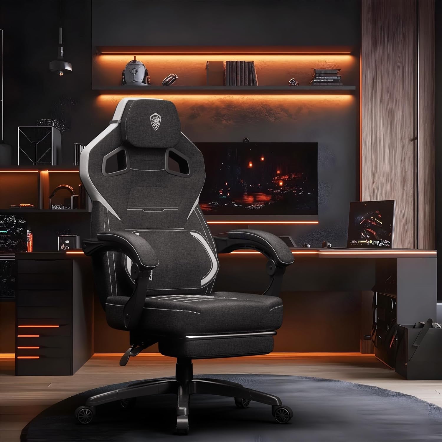 Ergonomic Gaming Chair Wide Back Fabric Recliner w/ Footrest & Lumbar Support