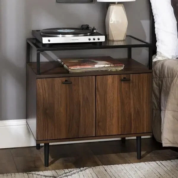 Modern Walnut Sideboard Cabinet w/ Glass Top Shelf & Hidden Storage