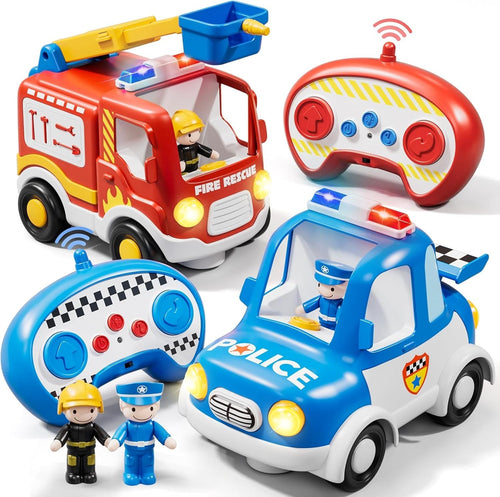 Toddler RC Police Car & Fire Truck Toy Set Lights Sounds Gift Kids 2–4