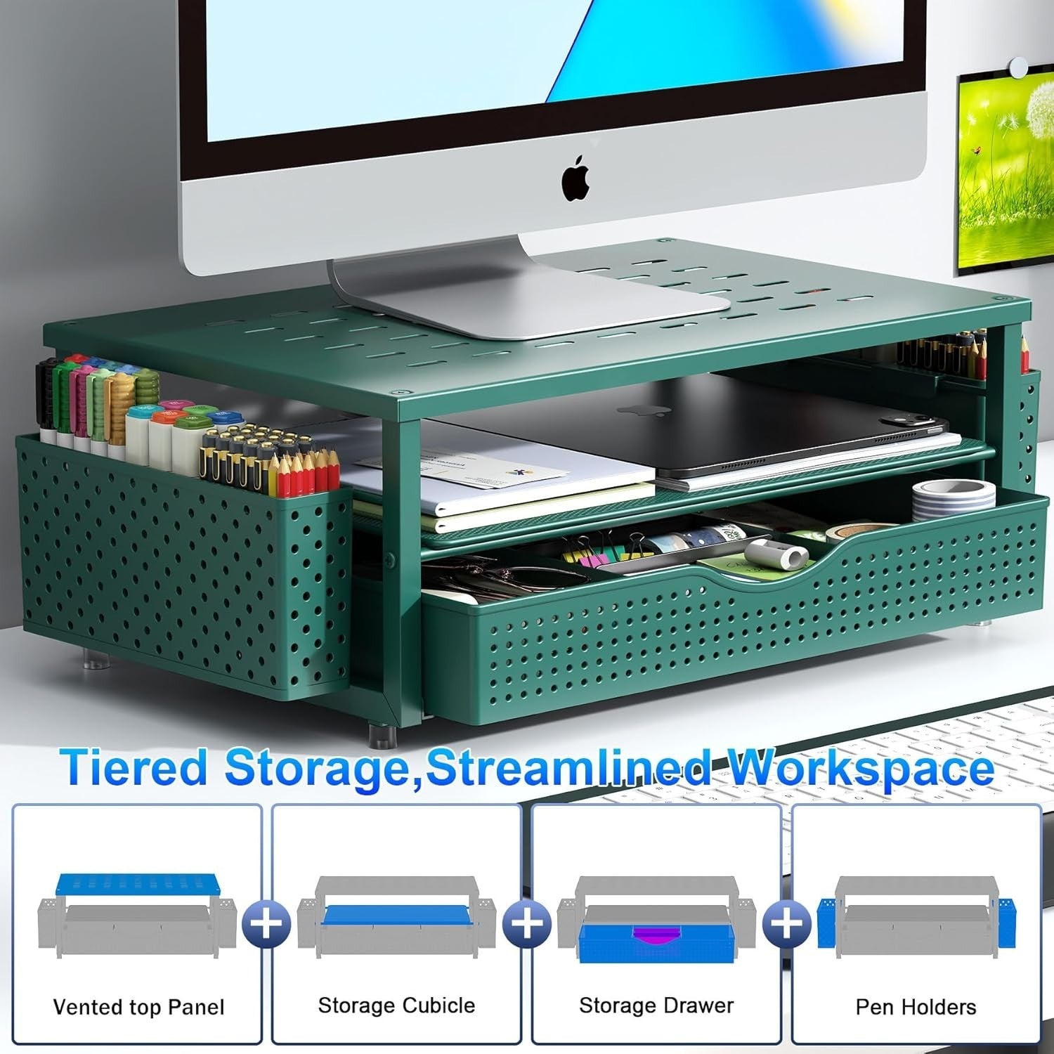 Monitor Stand with Drawer & Pen Holders Desktop Organizer Green