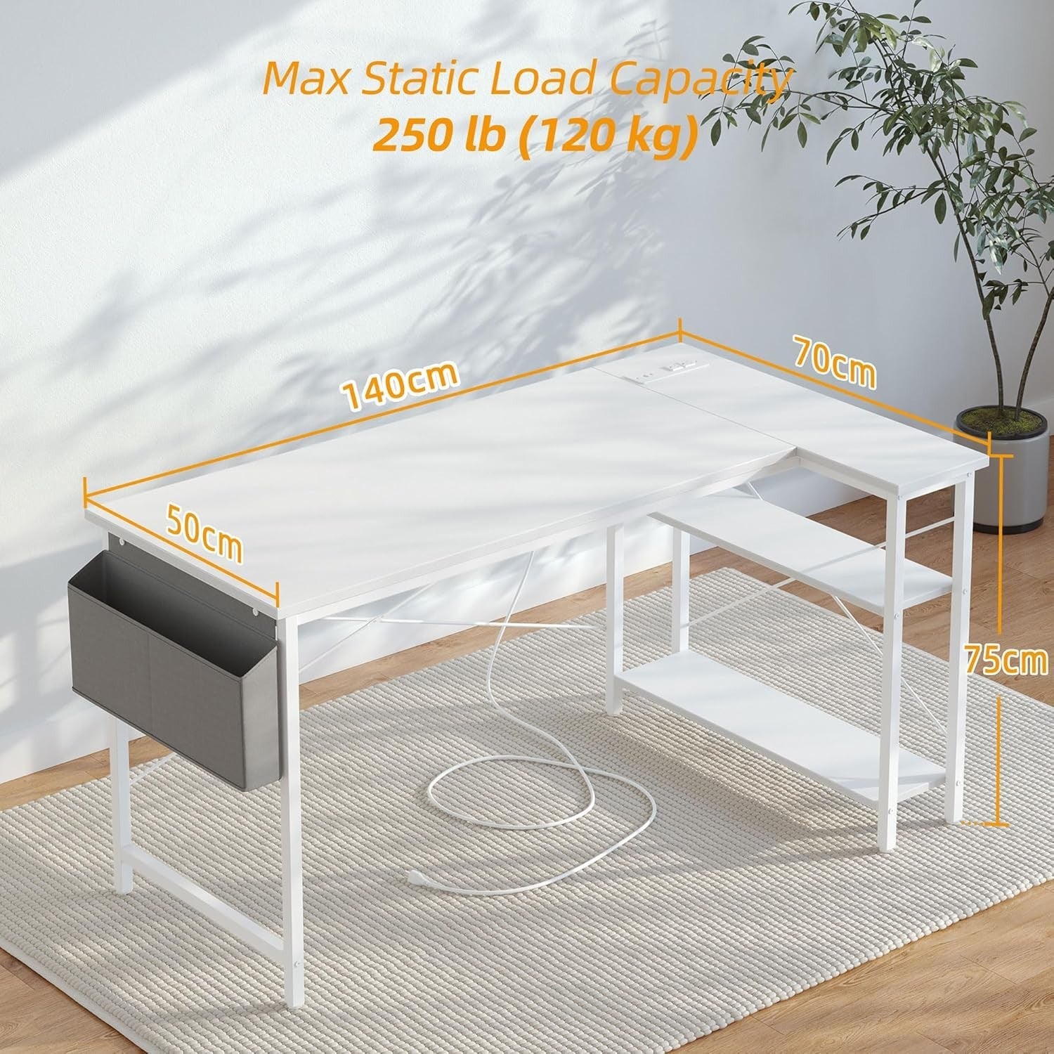 White L-Shaped Computer Desk 140x70cm with USB Power Outlets & Shelves