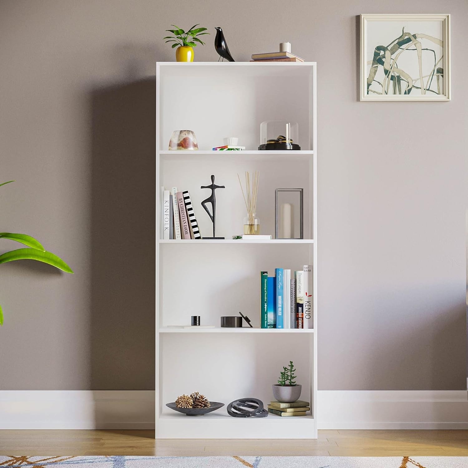 4 Tier White Wooden Bookcase Modern Storage Display Shelf for Living Room
