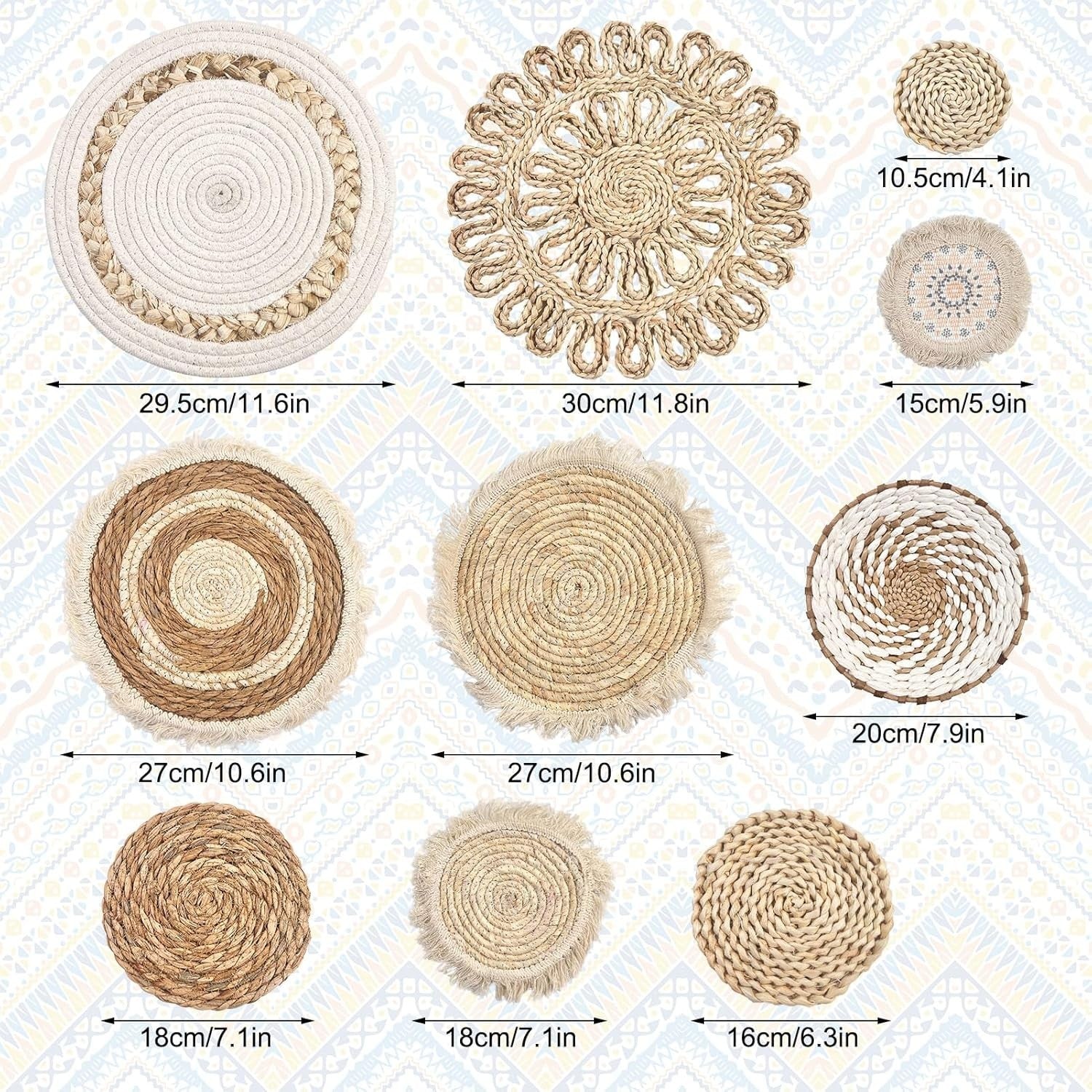 Set of 10 Boho Woven Wall Baskets Rattan Water Hyacinth Decor