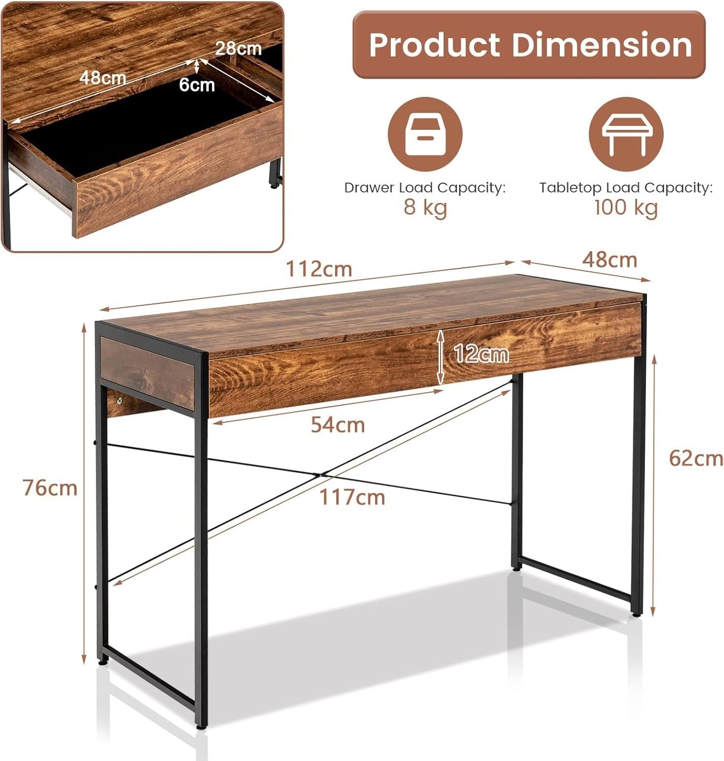 Rustic Brown Computer Desk with 2 Drawers & Metal Frame