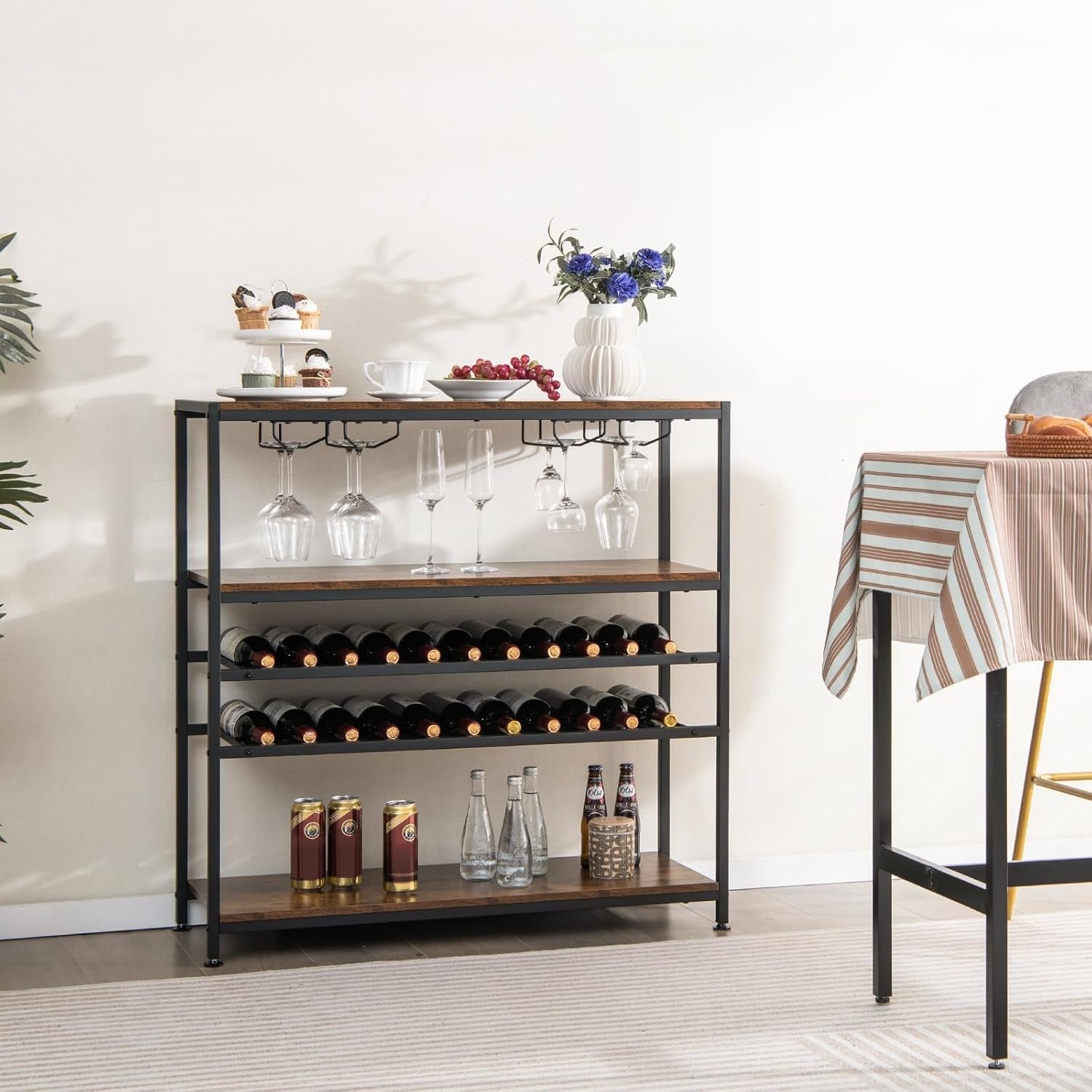 5-Tier Wine Rack Table with Glass Holder, Rustic Bar Shelf Storage Unit