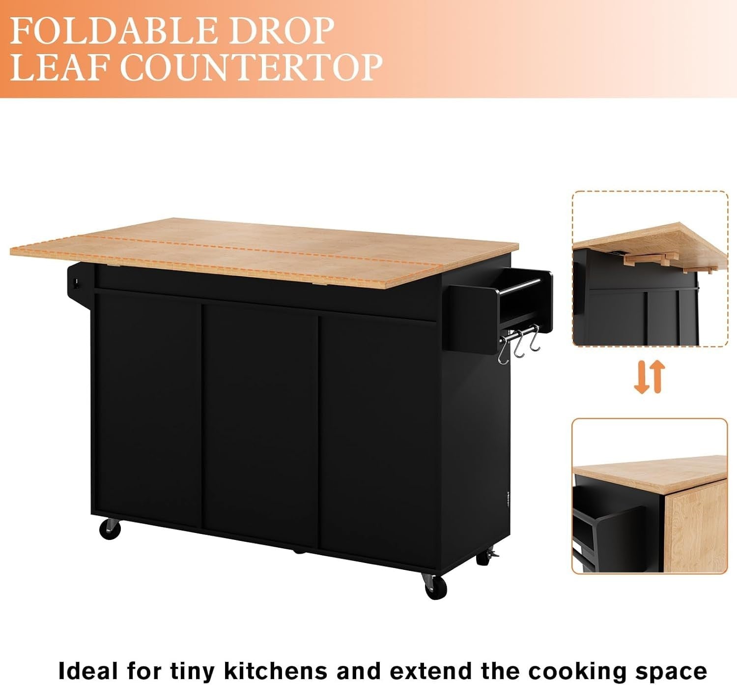 Rolling Kitchen Island Cart with Drop Leaf, Storage Cabinets & Wheels