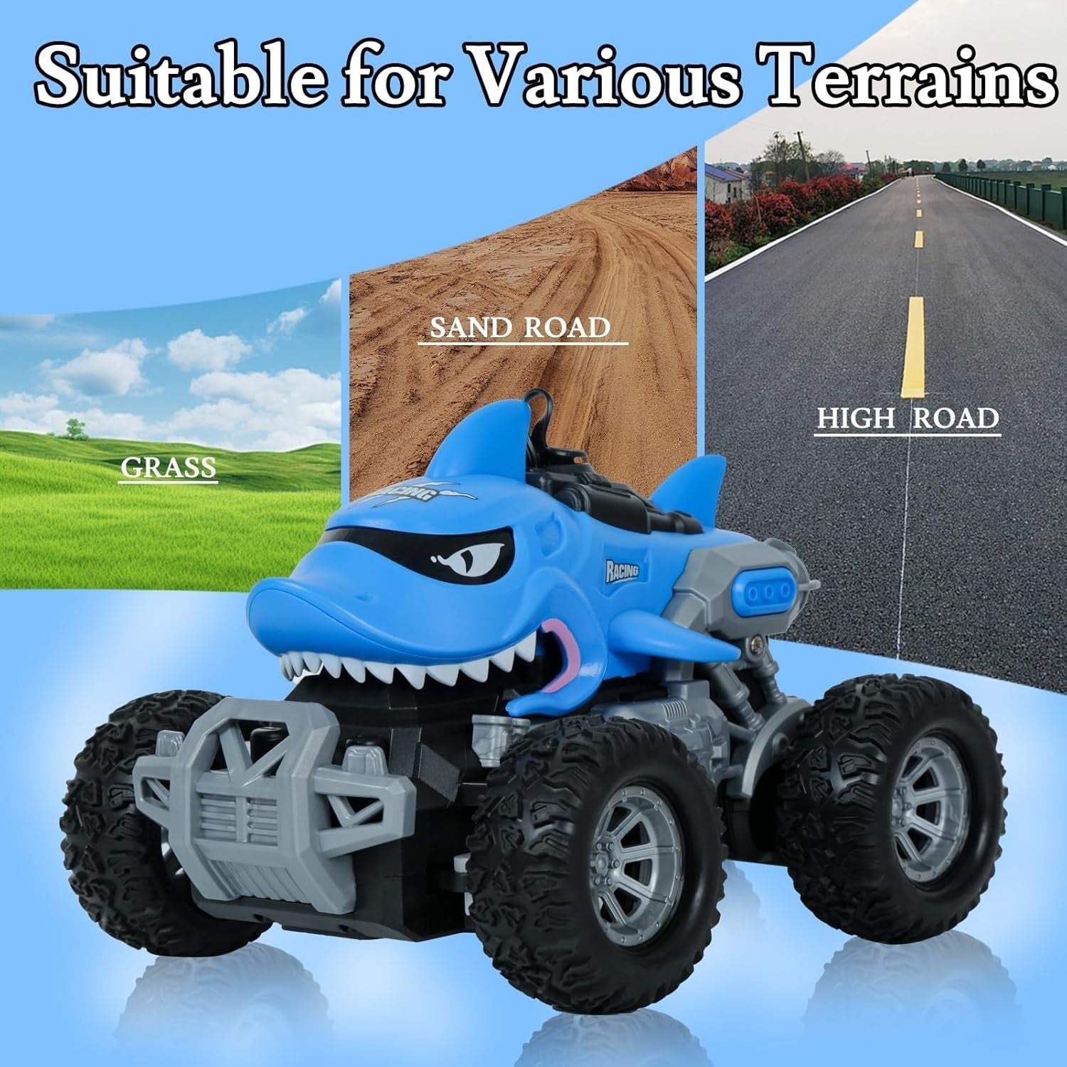 RC Monster Truck for Kids 4-12, Shark-Themed Car w/ Spray & LED Lights