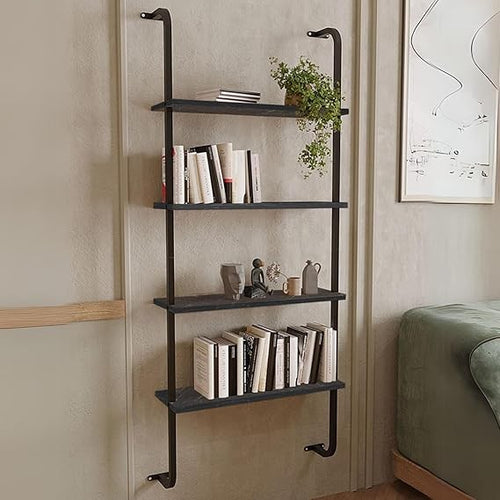 Modern Wall Mounted 4-Tier Bookshelf Rack with Metal Frame Space-Saving Shelf