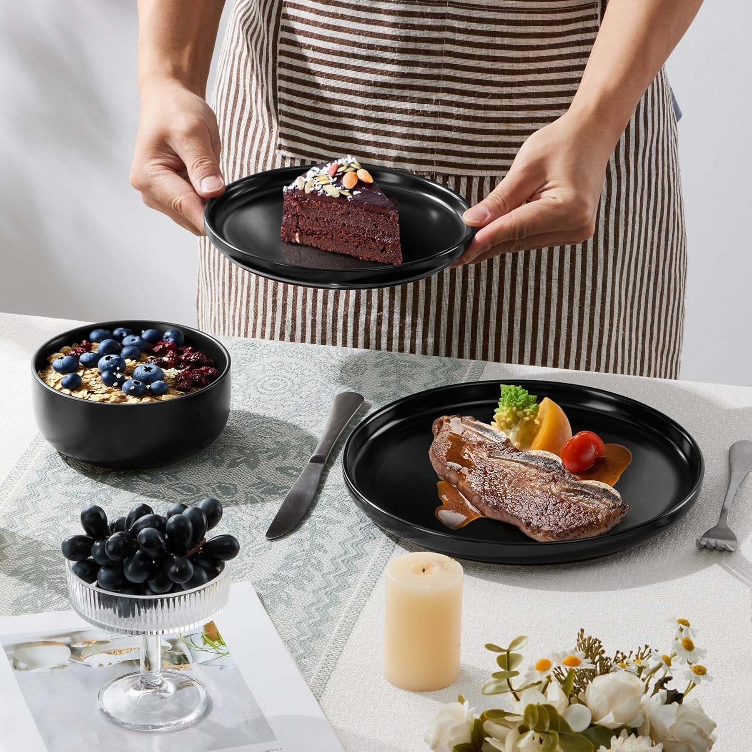 12pc Stoneware Dinner Set Matte Black Plates Bowls Microwave Safe