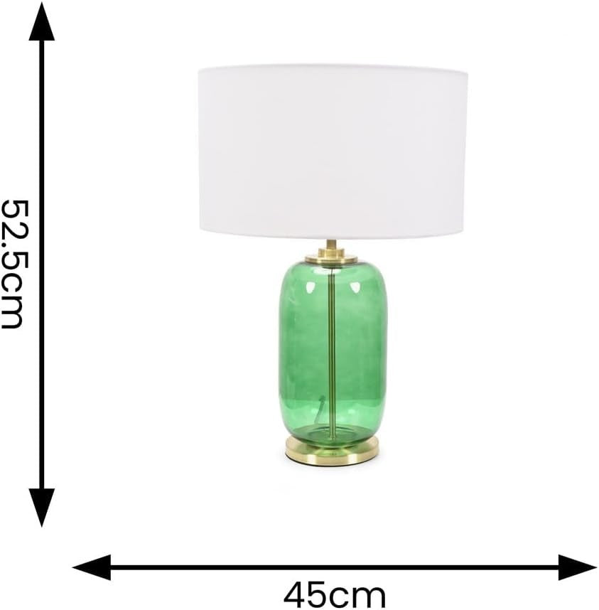 Forest Green Glass Table Lamp Gold Detail White Drum Shade LED Light