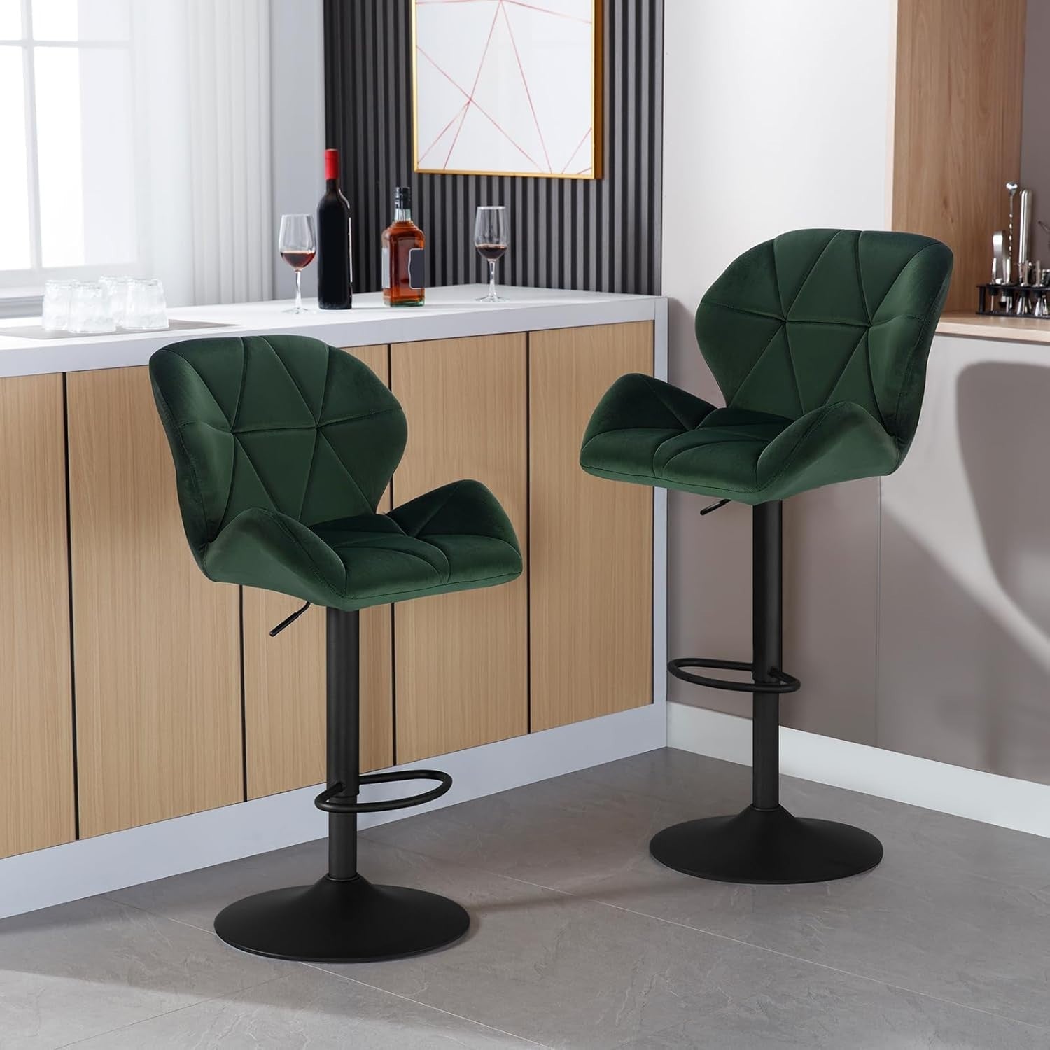 Dark Green Velvet Adjustable Swivel Bar Stool with Back Kitchen Island