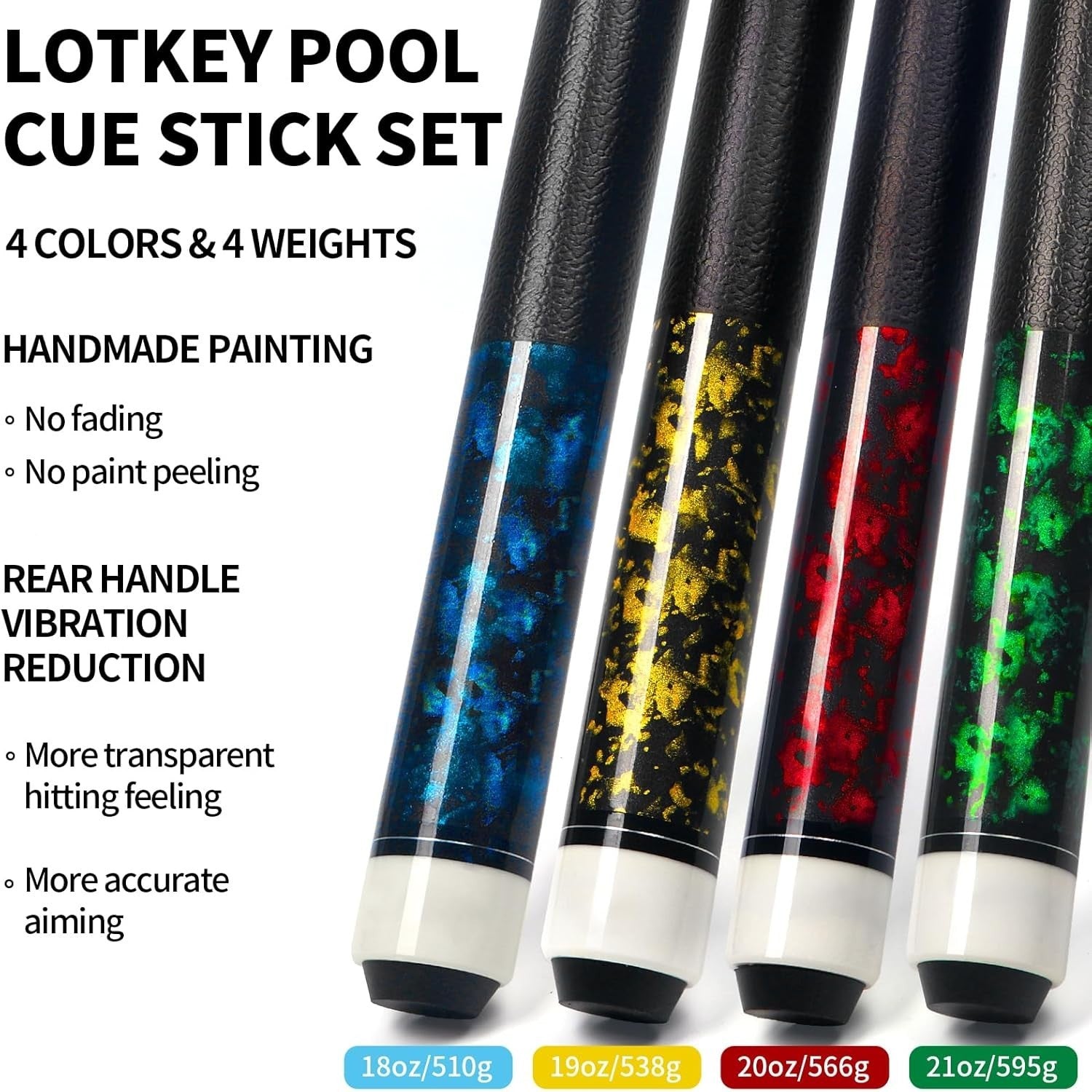 58in Pool Cue Set Canadian Maple 4 Cues 13mm Tip Leather Grip 18–21oz
