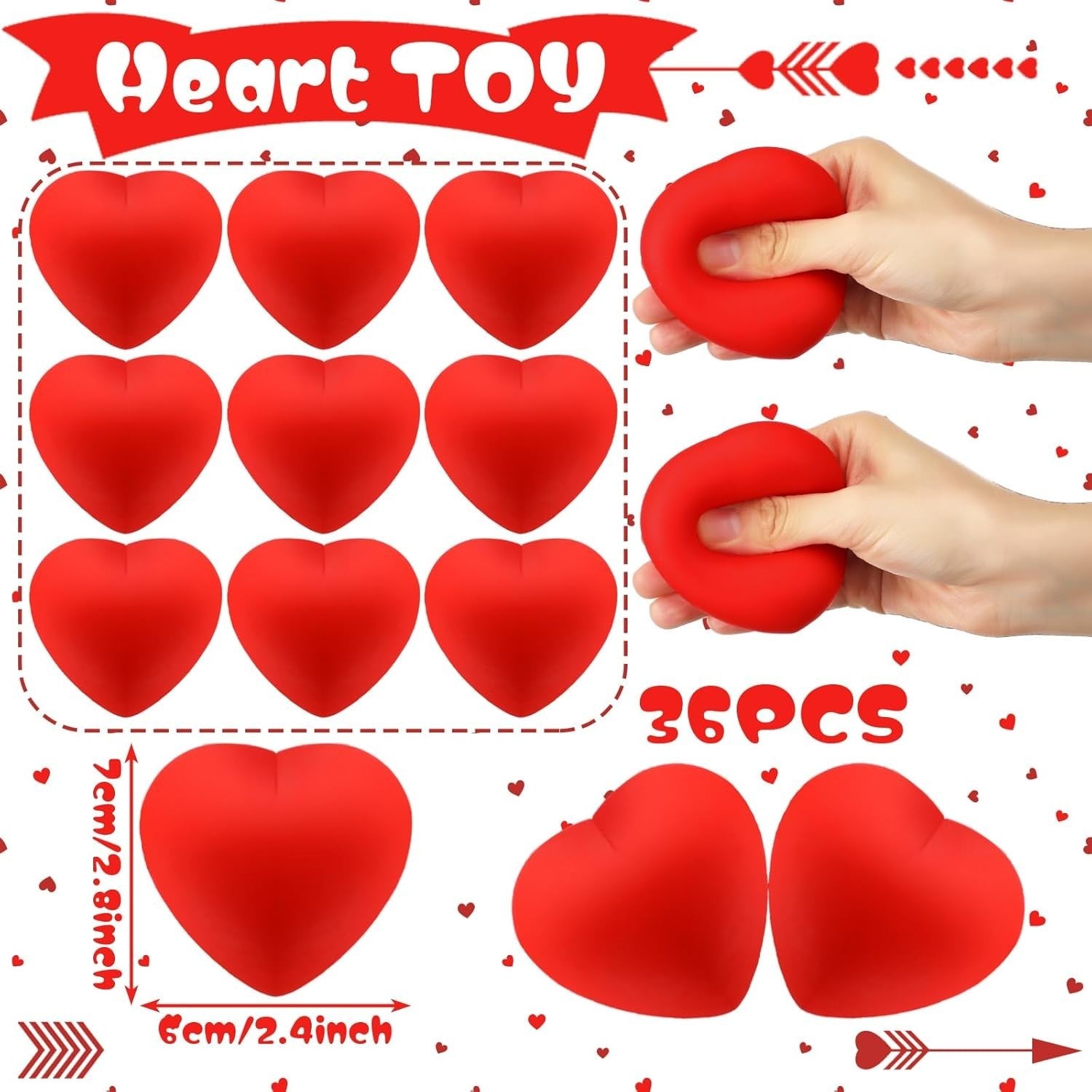 36 Pack Mini Red Heart Stress Balls Valentine Fidget Toys Party Favors