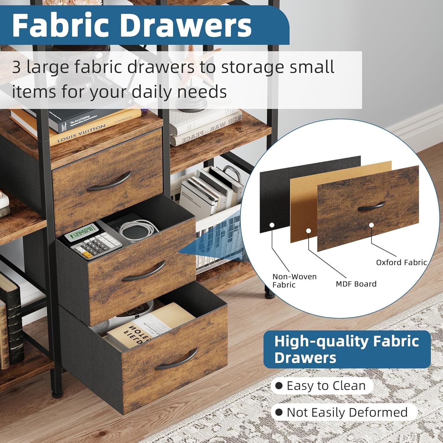 100cm Wide 4-Tier Tall Bookcase with 3 Fabric Drawers Industrial Storage Unit