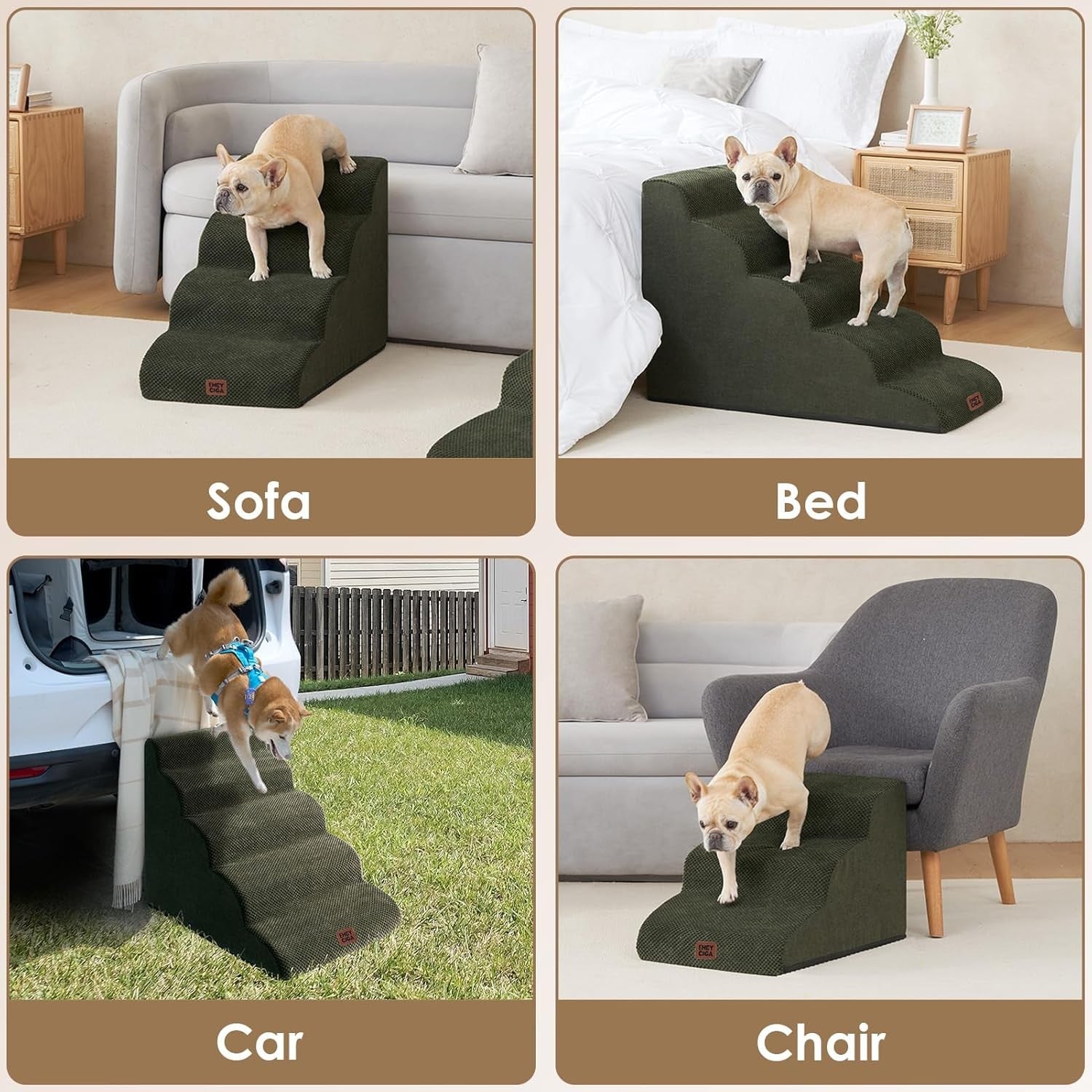 5 Step Dog Stairs for High Bed Non Slip Pet Steps Olive 83.5cm