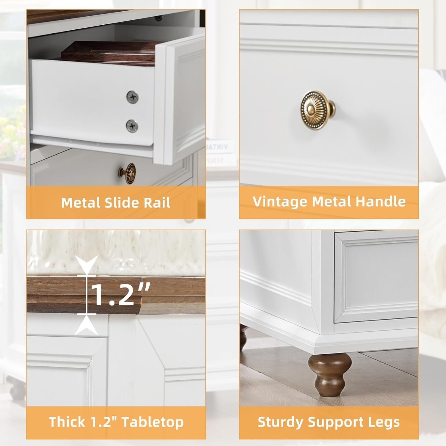 White Wooden Bedside Table with 3 Drawers – Rustic Nightstand
