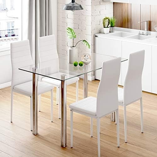 Rectangular Glass Dining Table with 4 White PU Leather High-Back Chairs