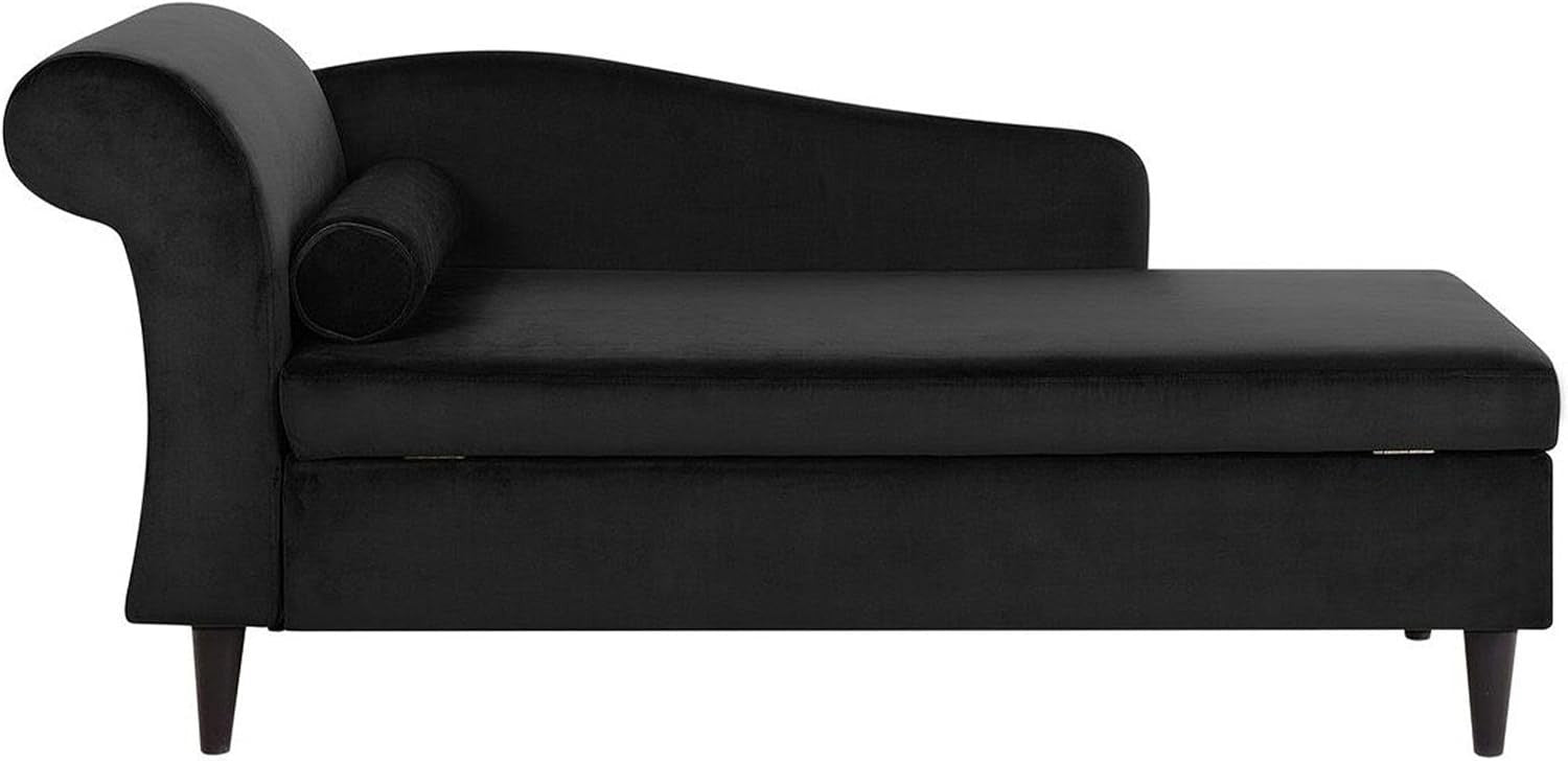 Black Velvet Left Hand Chaise Lounge with Storage Solid Wood Legs Comfort