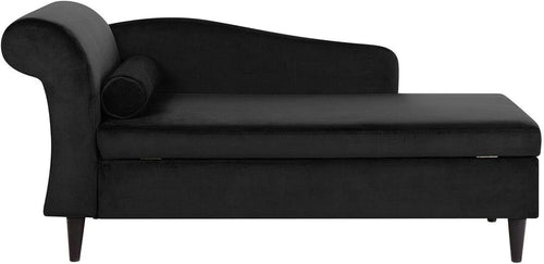 Black Velvet Left Hand Chaise Lounge with Storage Solid Wood Legs Comfort