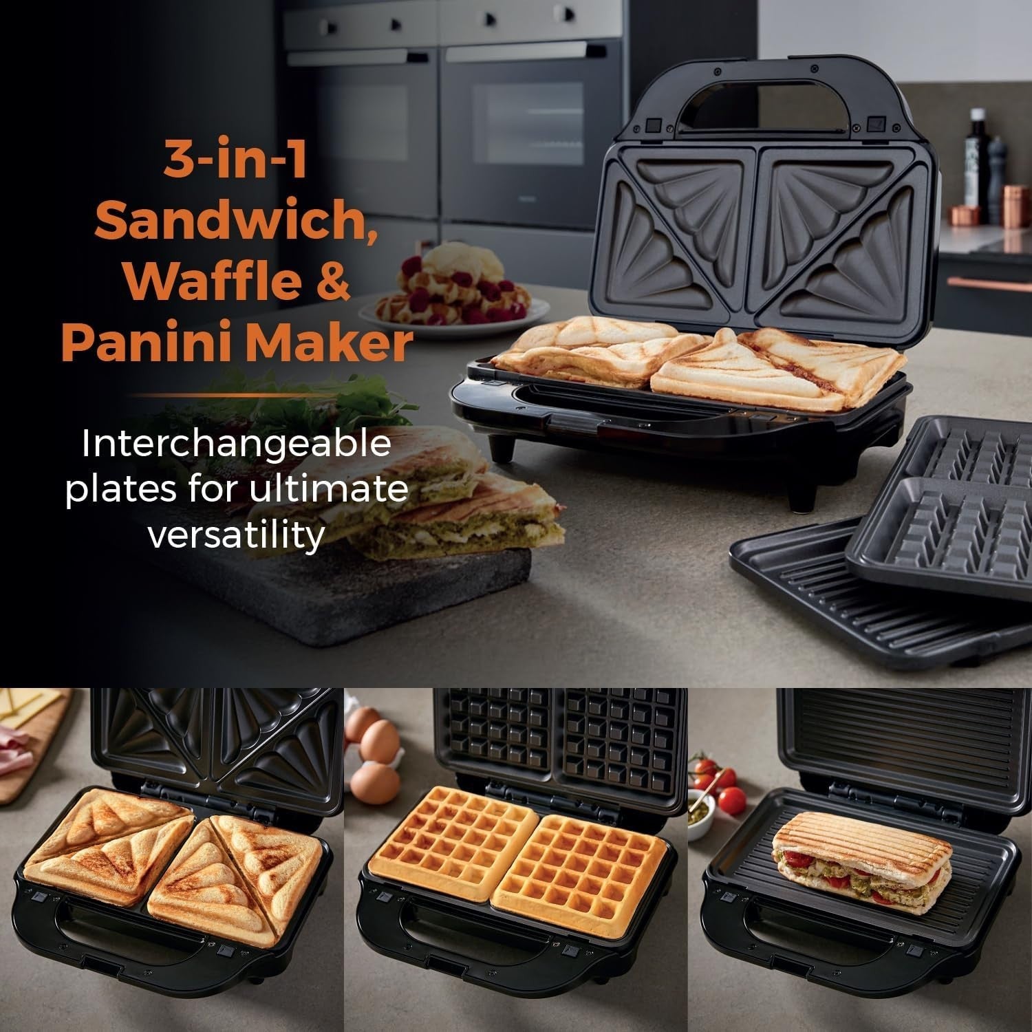 3-in-1 Deep Fill Snack Maker 900W Sandwich Waffle 29.6cm Stainless Steel