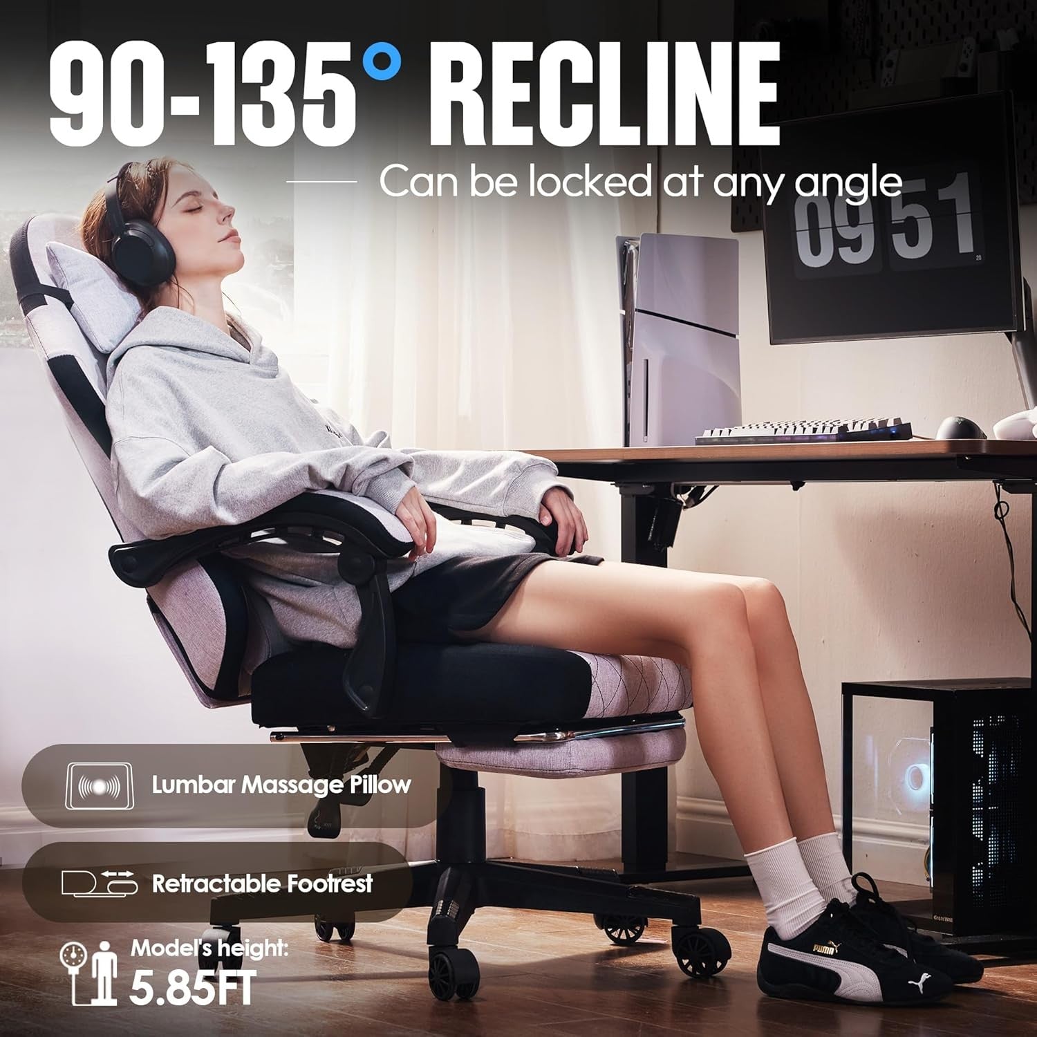 Gaming Chair w/ Footrest Massage Lumbar Pocket Spring Grey
