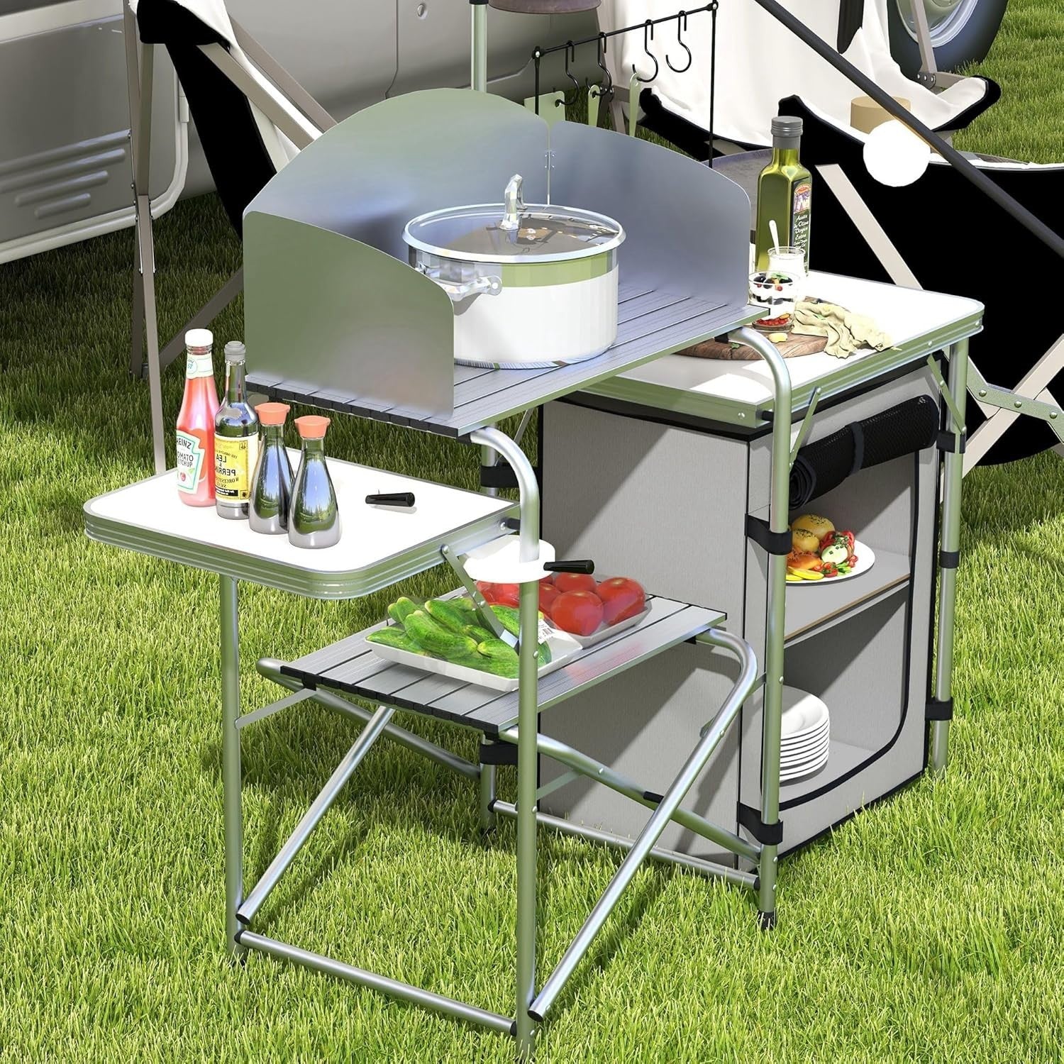 Folding Camping Kitchen Table with Windshield Cupboard Sink BBQ Light