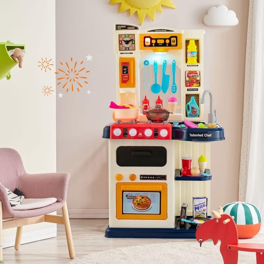 Kids Play Kitchen Set Lights Sounds Running Water 65PCS Blue Toy