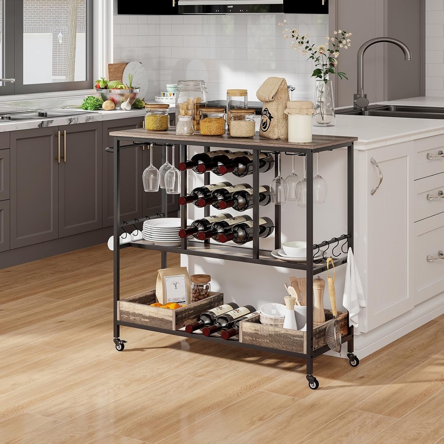 Kitchen Serving Trolley Bar Cart Wine Rack Glass Holder Lockable Wheels