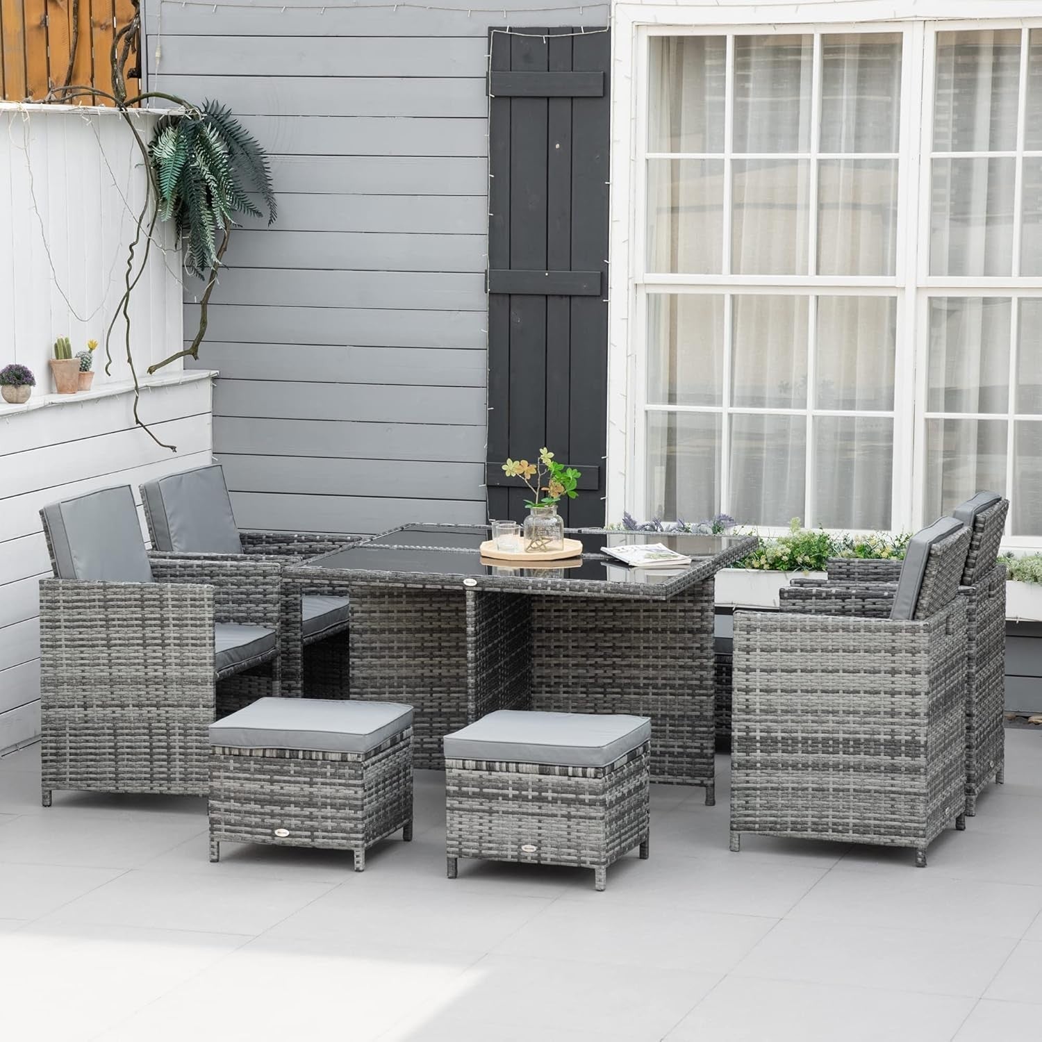 8 Seater Rattan Garden Dining Set with Cushions & Glass Table Patio Furniture