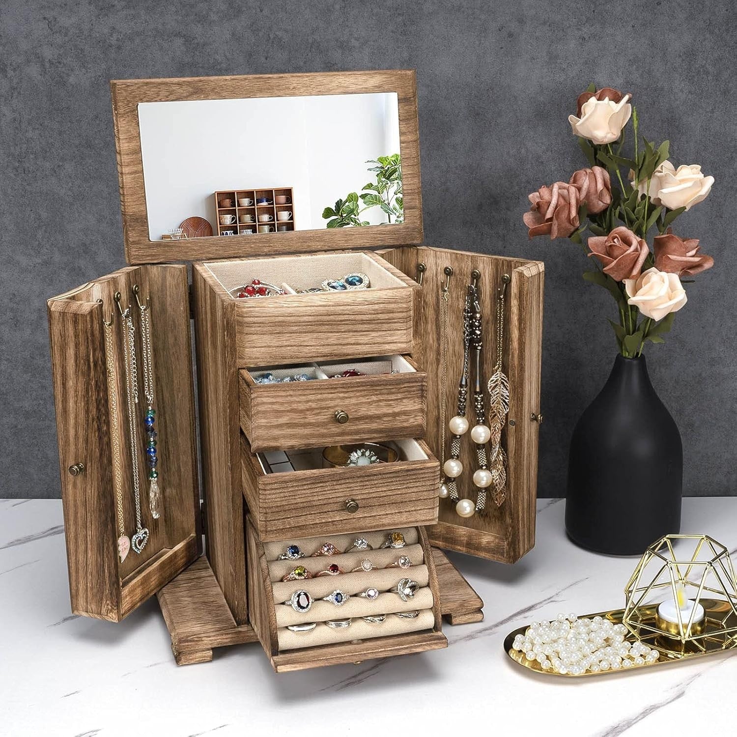 Rustic Wooden Jewelry Box Organizer with Mirror 4 Layer Storage Case