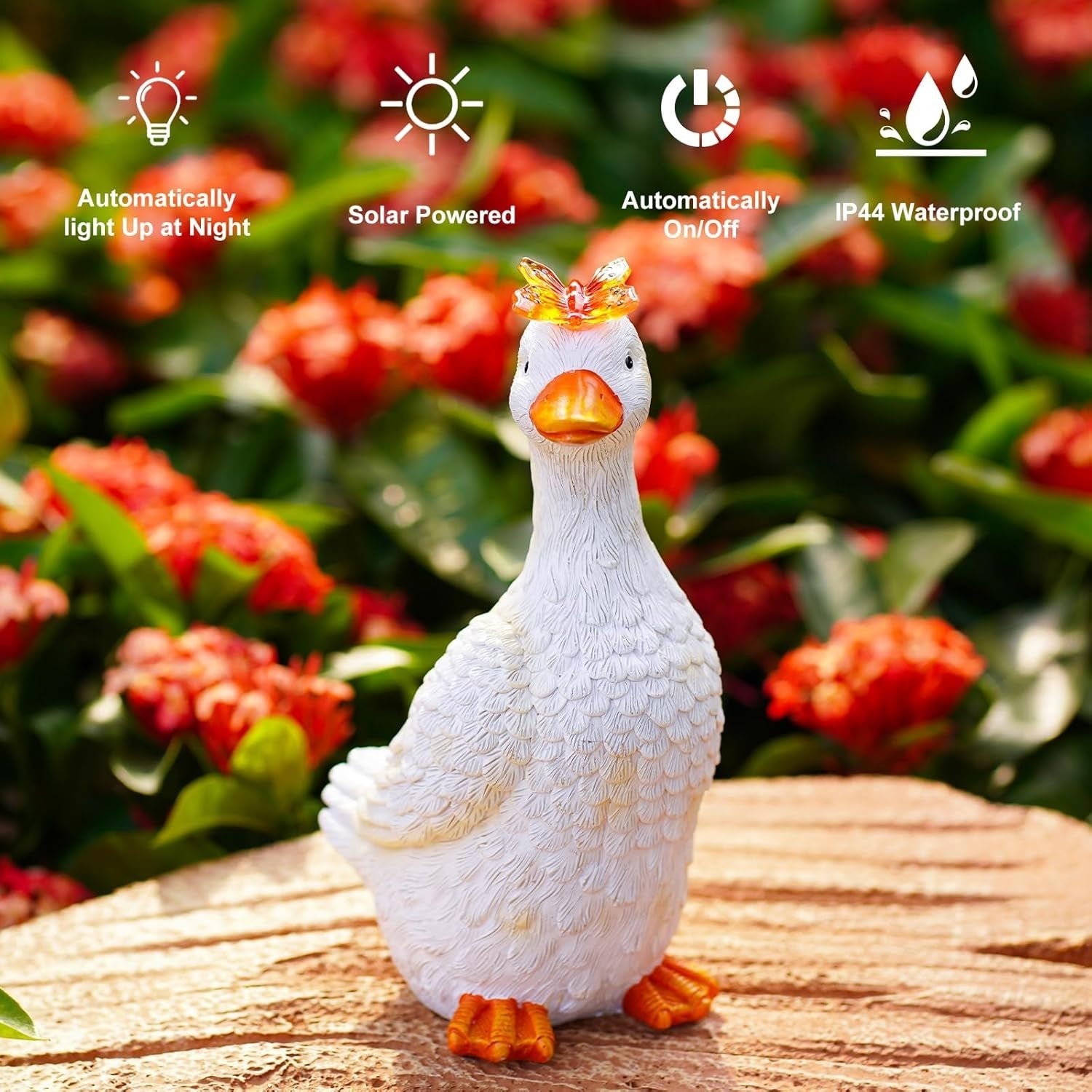 Solar Goose Garden Ornament White Resin Statue with Butterfly Light Outdoor