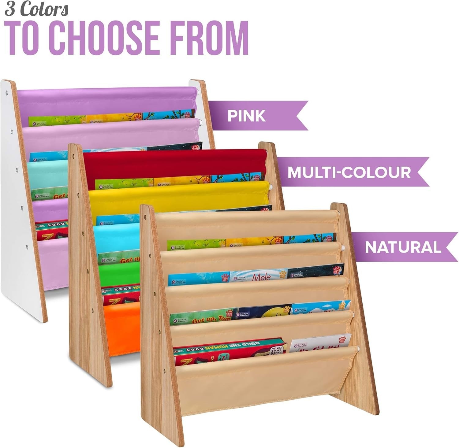 Kids Pink Sling Bookshelf – 4-Tier Wooden Storage with Soft Fabric Shelves