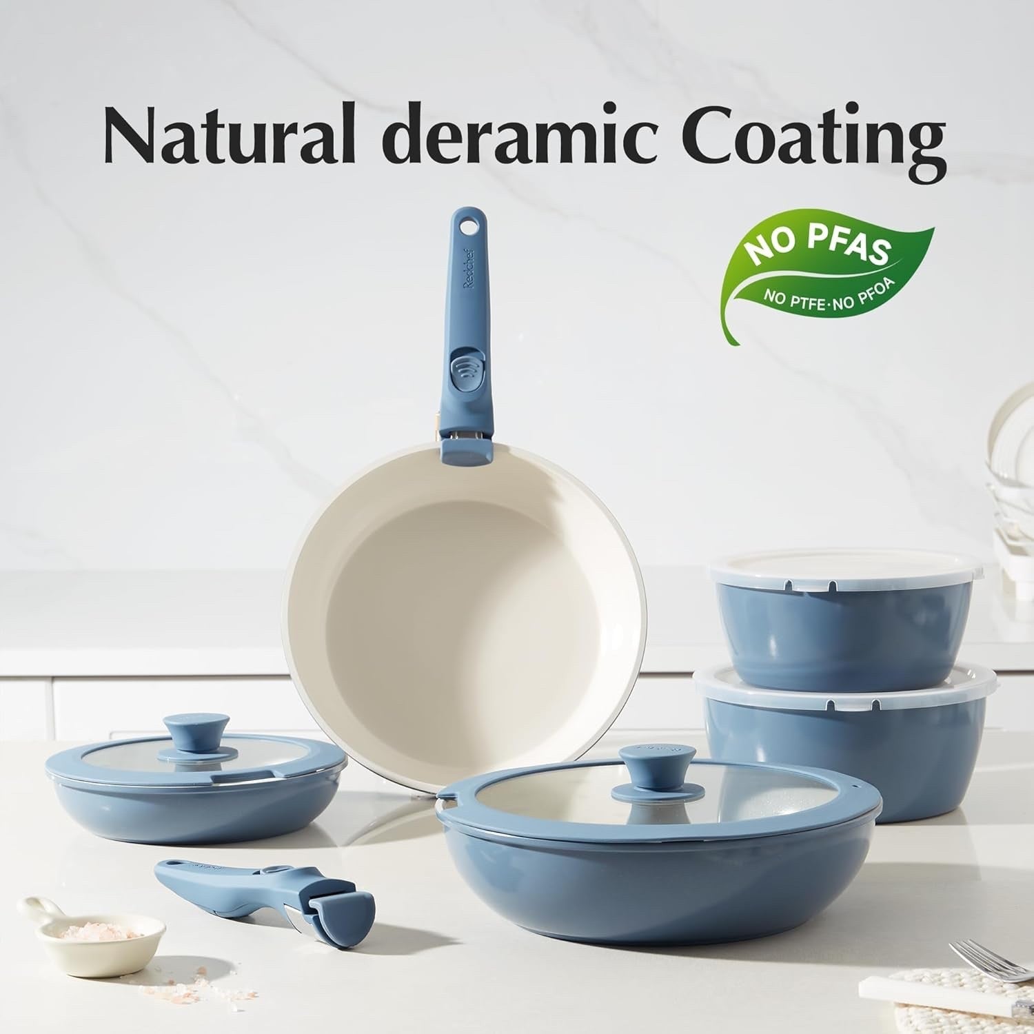 16pcs Blue Ceramic Cookware Set Non Stick Induction Safe Detachable Handle